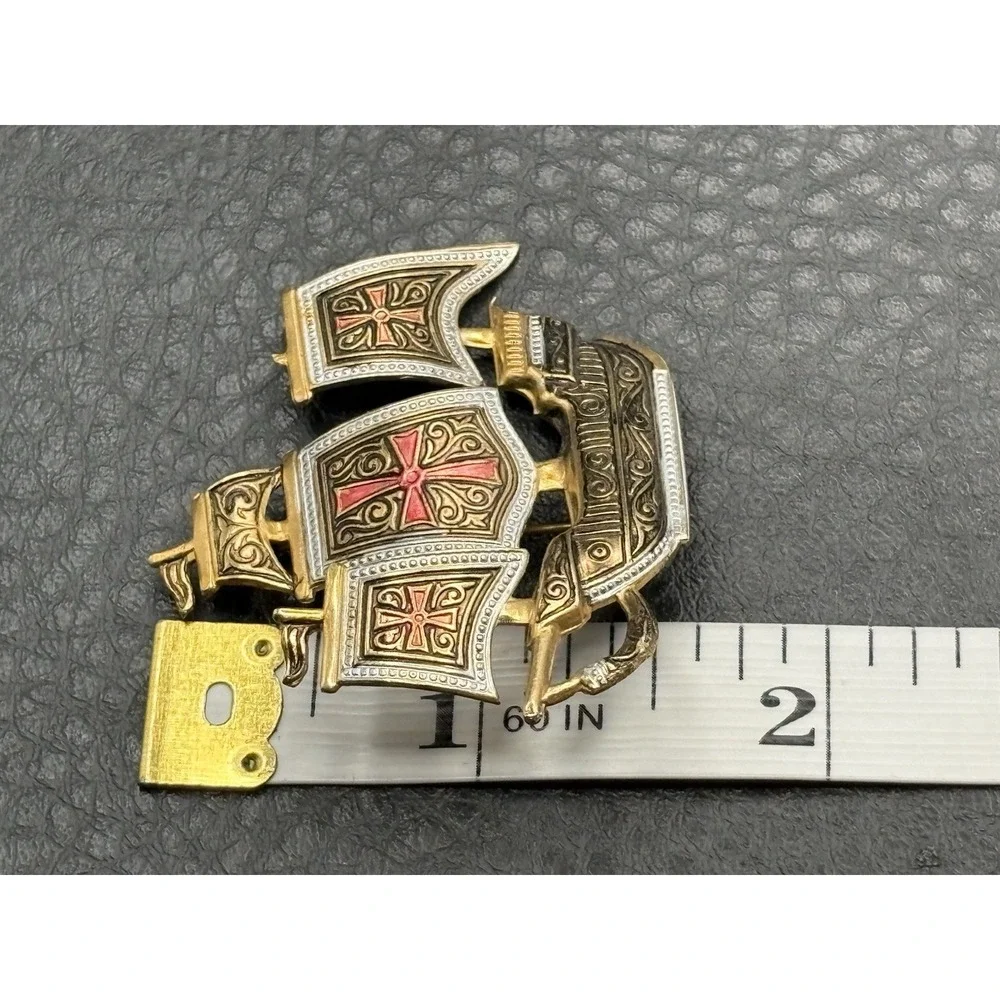 Vintage Spanish Damascene Galleon Ship Cross Brooch Pin Toledo Spain Red Enamel